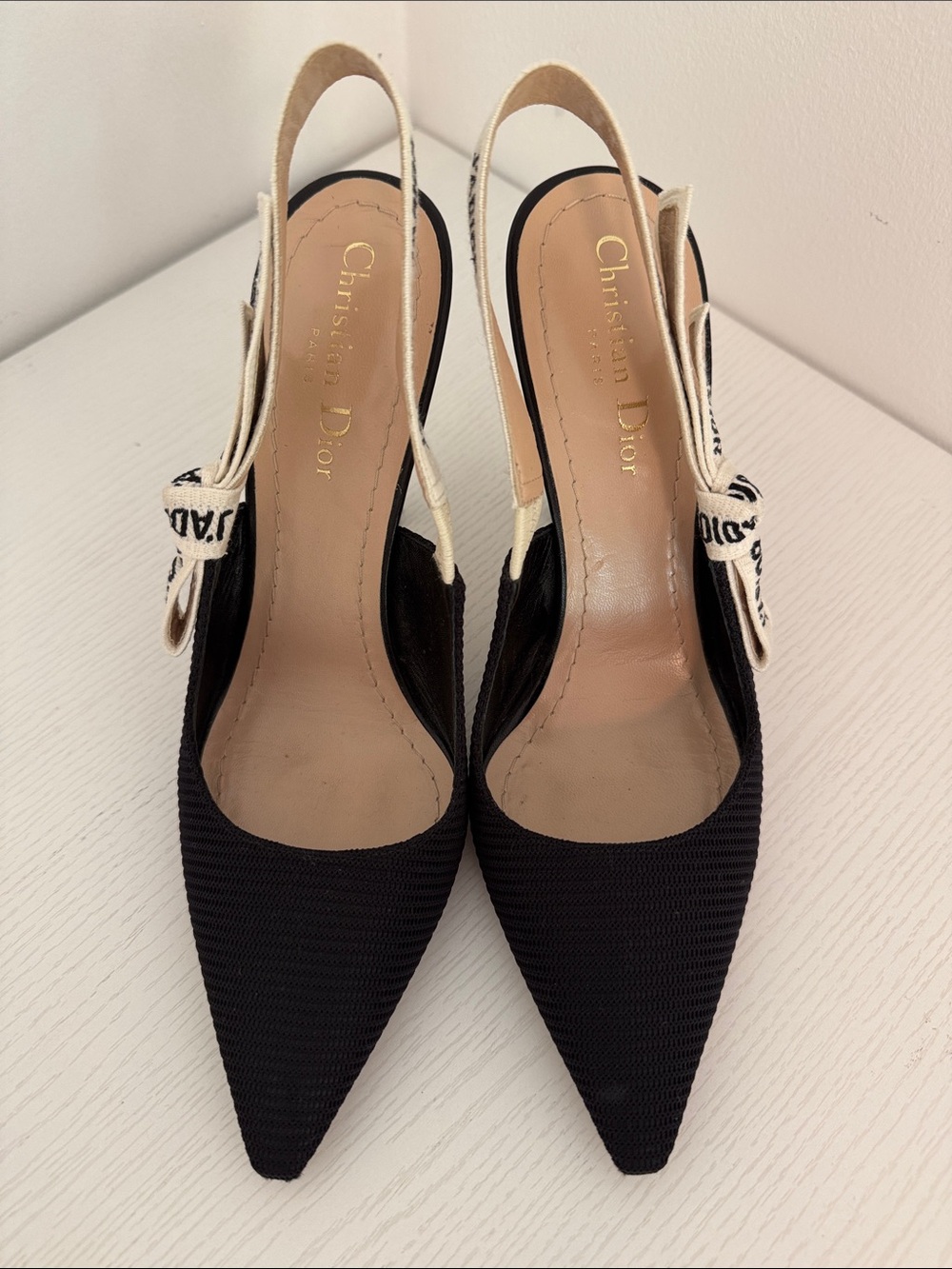 Dior J'Adior Black Technical Fabric Logo Bow Slingback Heels Size 38 US 8 Shoes